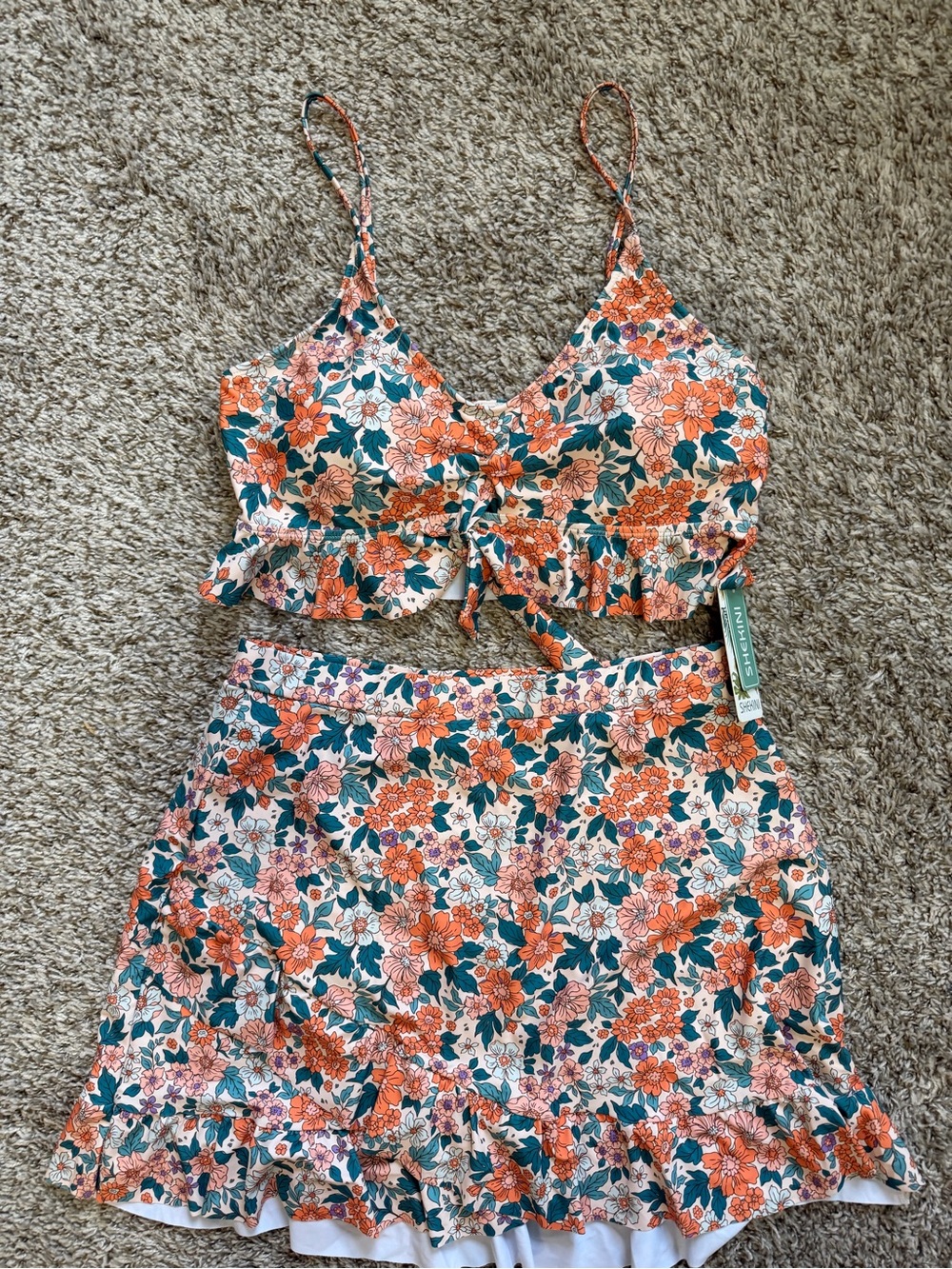Floral Tie-Front Bikini Top and Skirt Set - Orange Floral